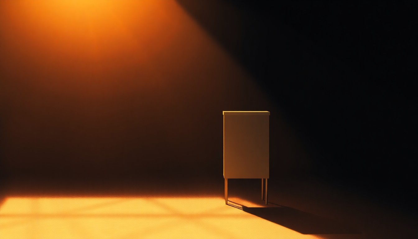 A photorealistic painting of a lone ballot box in a dimly lit urban setting, with warm sunlight streaming in through a window and creating deep shadows across the scene, conveying a sense of quiet contemplation and the importance of the democratic process.