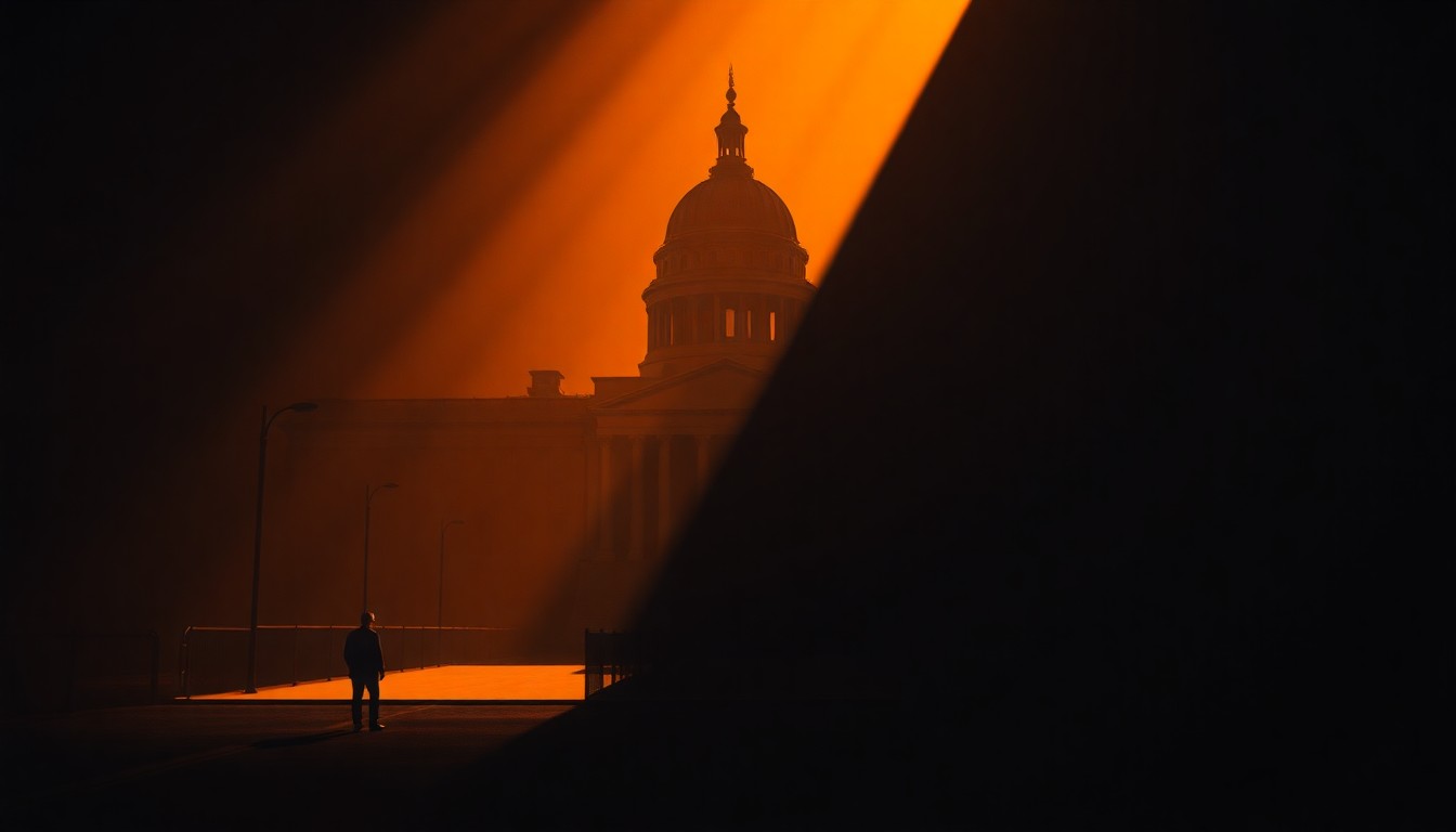 A serene, cinematic painting depicting a solitary government building or political figure in warm, muted tones, conveying a sense of cautious optimism about the future of U.S.-Iran relations.