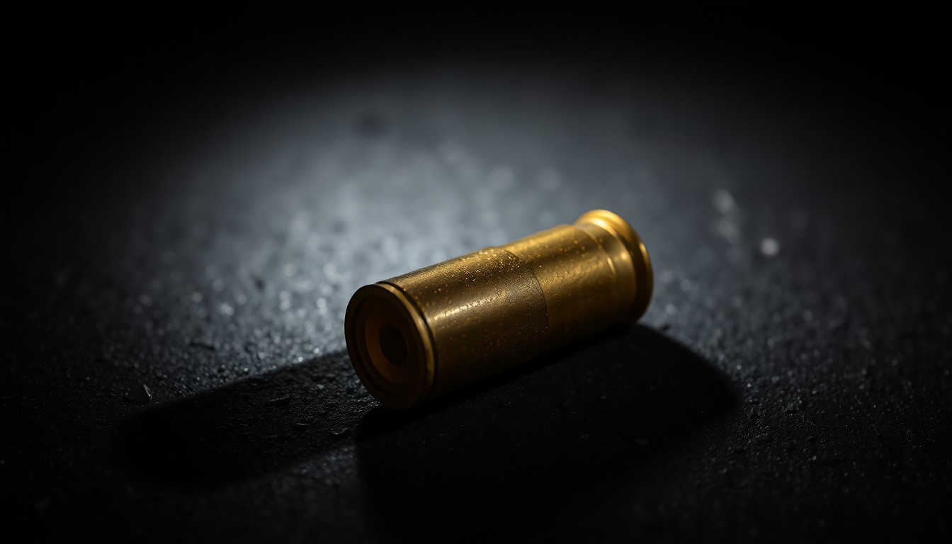 An extreme close-up photograph of a spent shell casing on a dark, textured surface, lit by a harsh, direct camera flash, conceptually illustrating the aftermath of a shooting incident.