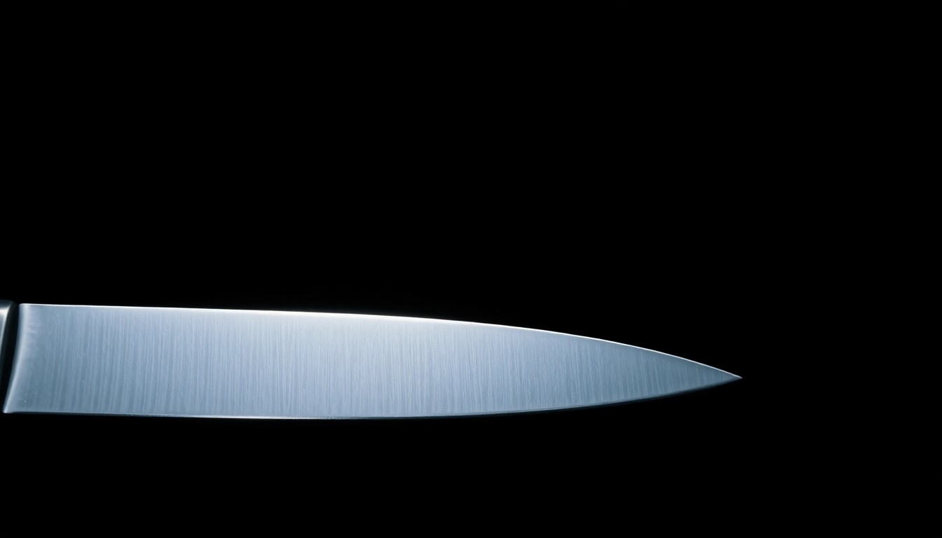An extreme close-up photograph of a single knife blade against a pitch-black background, lit by a harsh, direct camera flash, conceptually illustrating the weapon used in a violent crime that led to an officer-involved shooting.