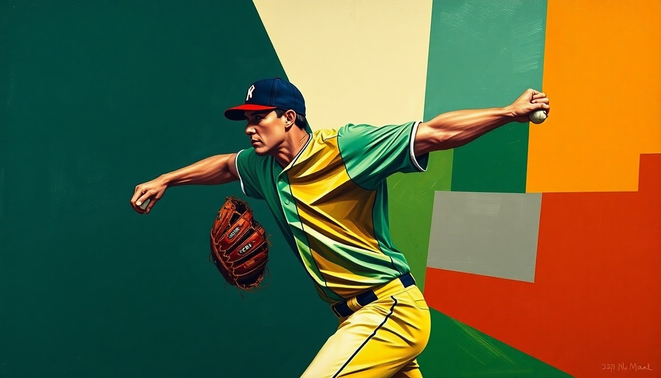 A cubist, geometric illustration depicting a baseball pitcher's motion broken down into sharp, overlapping planes of color, capturing the raw energy and movement of the sport.