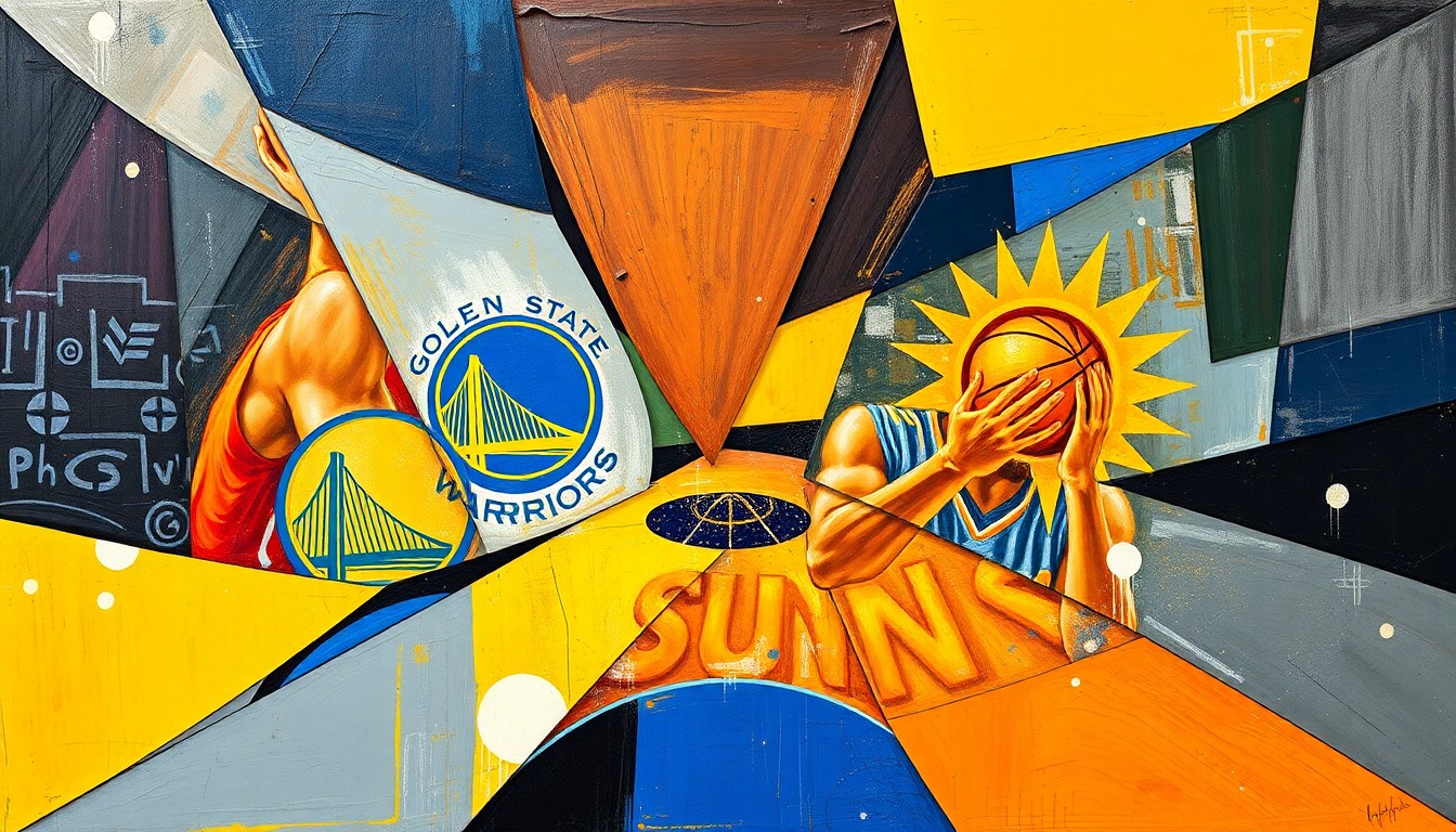 A fragmented, abstract painting depicting a basketball game or match, with sharp geometric shapes and planes of color representing the dynamic action on the court.