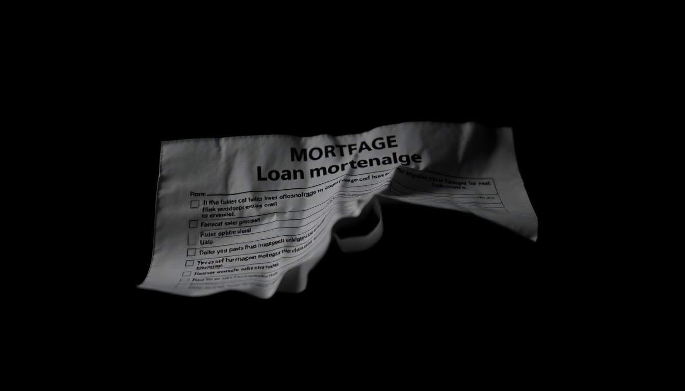 An extreme close-up photograph of a crumpled mortgage document or loan application form, the harsh flash illuminating the textured paper and creating a stark, gritty, investigative aesthetic.