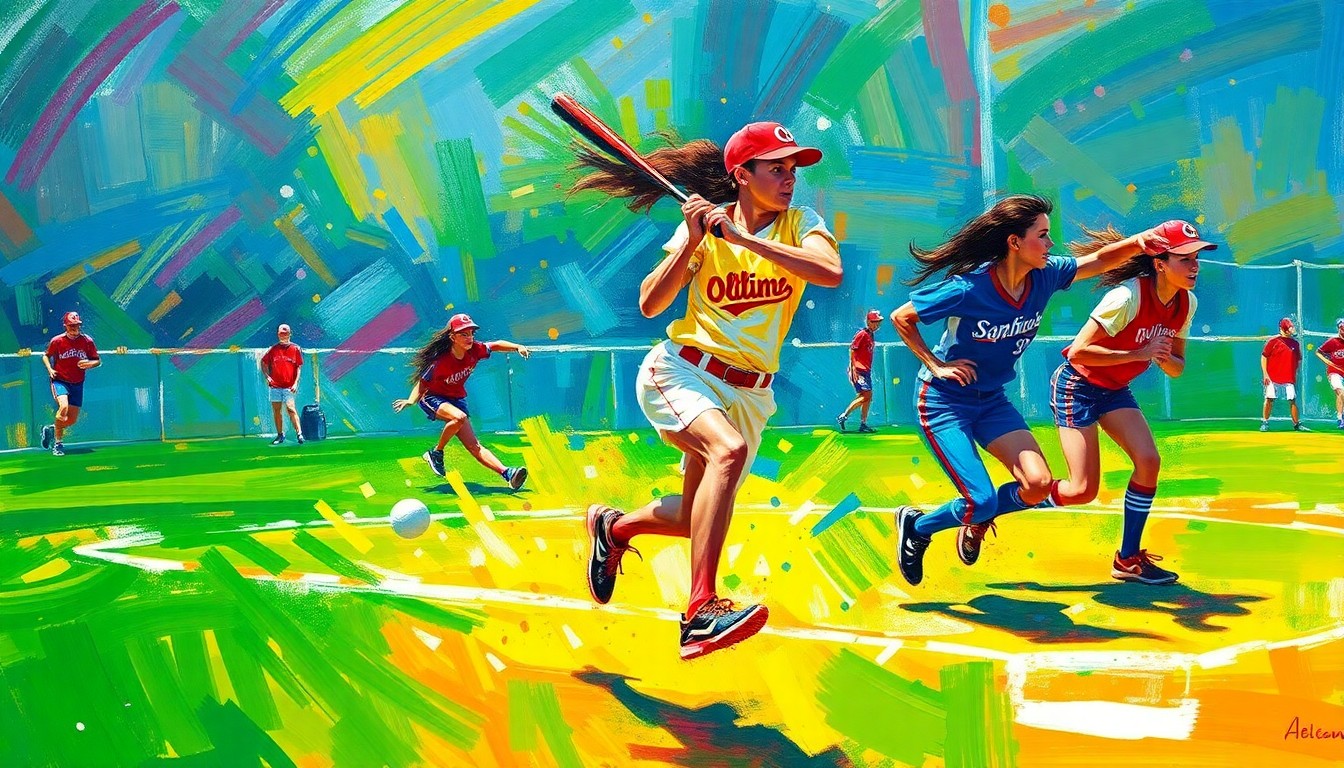 An abstract, energetic painting in a vibrant expressionist style, with sweeping brushstrokes of neon colors capturing the raw athletic motion and competitive spirit of a high school softball game.