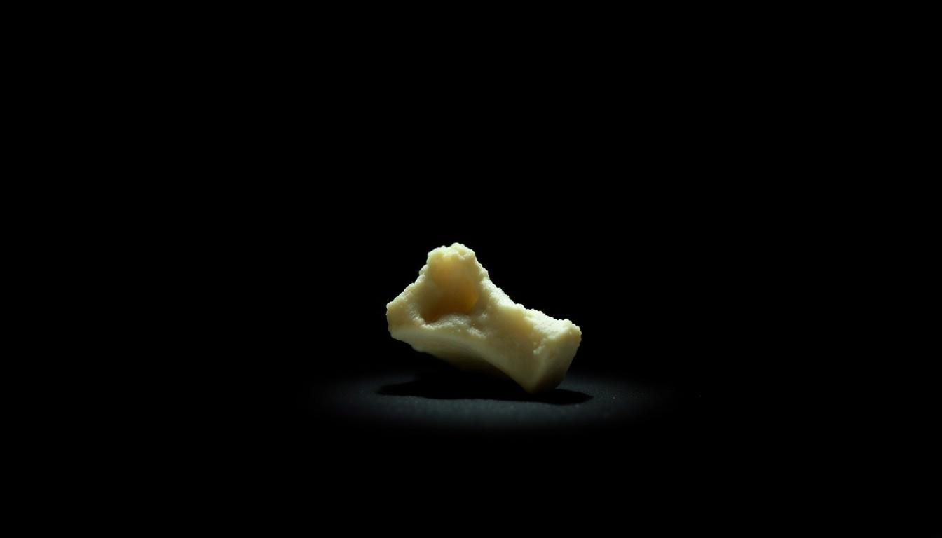 An extreme close-up photograph of a small, unidentified bone fragment or piece of clothing evidence found at the crime scene, lit by a harsh, direct camera flash against a pitch-black background, creating a stark, gritty, investigative aesthetic.