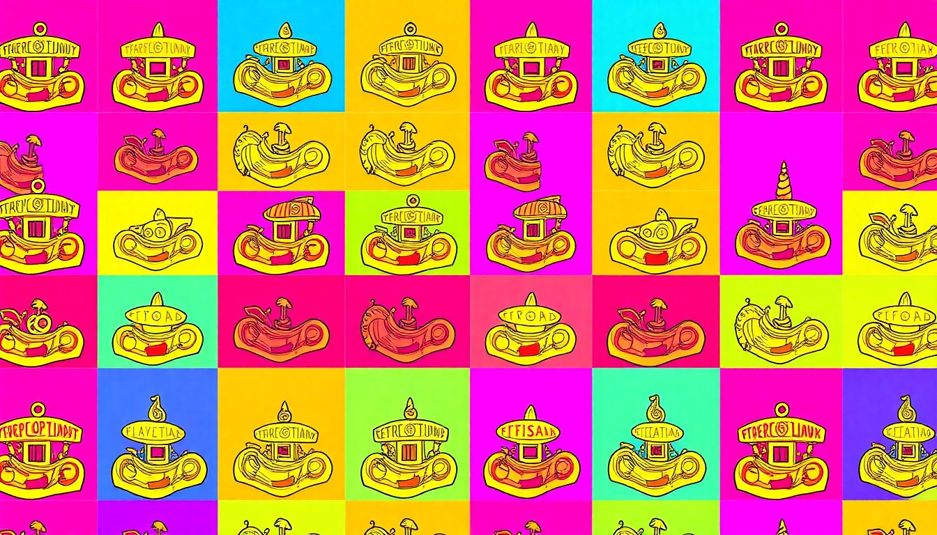 A high-contrast, neon-colored silkscreen print featuring a repeated image of a traditional Fiesta parade float or festival food item, capturing the festive spirit of the annual celebrations through a bold, pop art-inspired visual style.