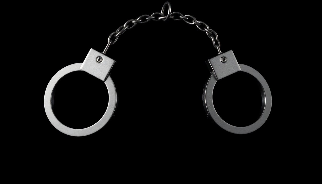 An extreme close-up photograph of a pair of metal handcuffs against a stark black background, the harsh flash illuminating the textured surface and creating dramatic shadows, conceptually representing the arrest of a fugitive criminal.