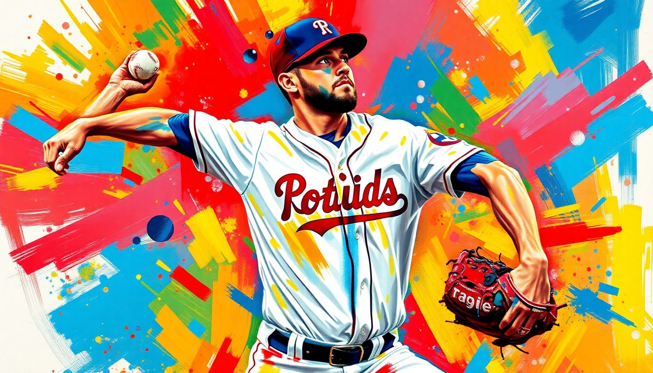 An extreme close-up of Ranger Suarez's pitching motion, captured in a vibrant, expressionist style with rapid brushstrokes and neon colors that convey the raw energy and intensity of his performance.