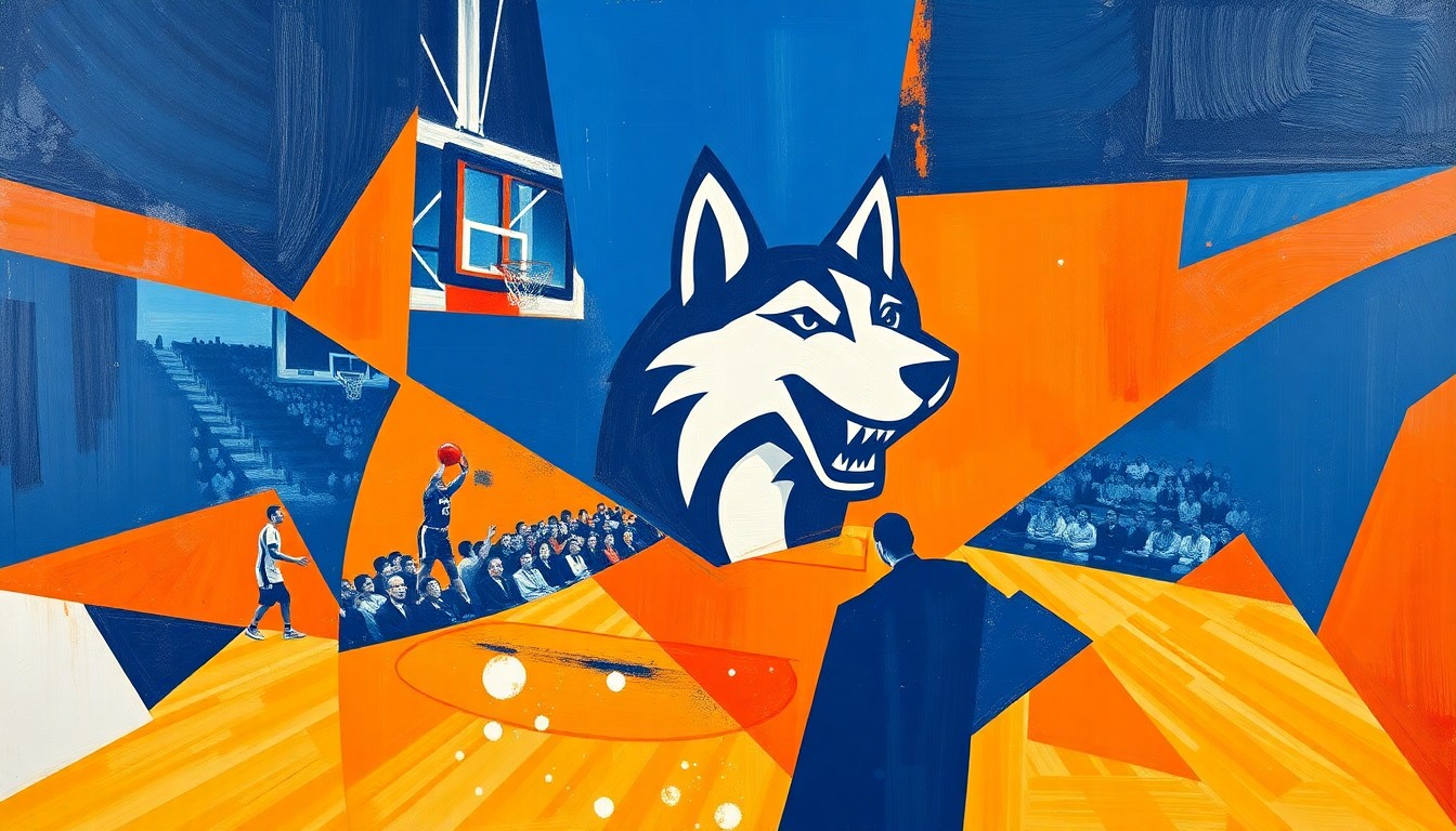 A cubist-style painting featuring overlapping geometric shapes and planes in shades of blue and orange, representing the chaotic transition the UConn basketball program is facing after a tough championship game defeat.