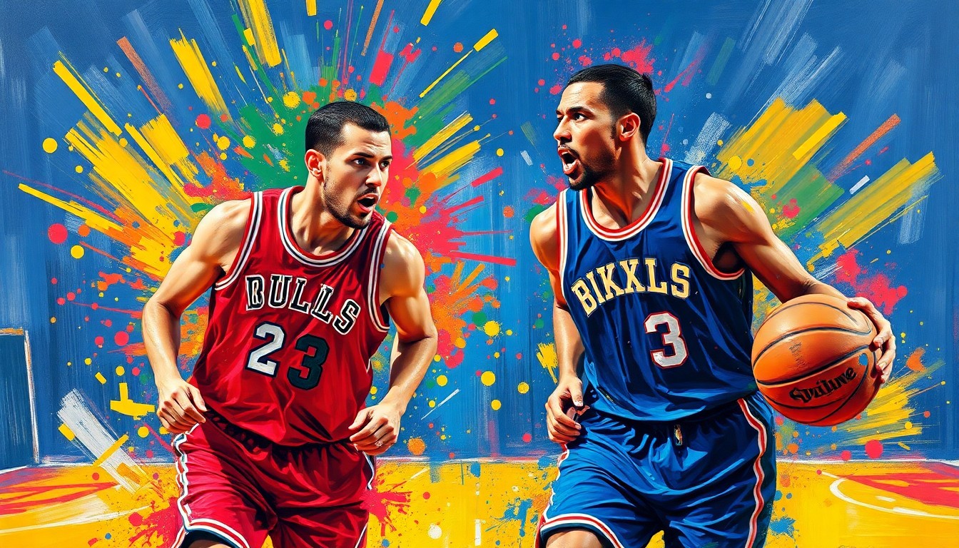 An abstract expressionist painting in vibrant neon colors, depicting the dynamic movement and energy of two basketball players on the court, their forms dissolving into bold, gestural brushstrokes.