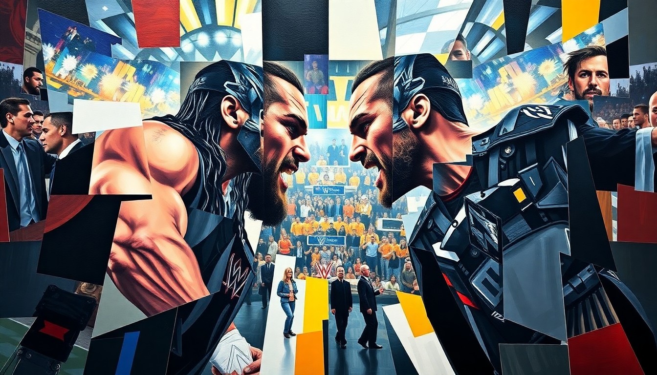 A cubist, geometric painting depicting the WrestleMania 42 main event between Roman Reigns and CM Punk, with the wrestlers' figures fractured and abstracted into overlapping planes of color and shape, conveying the raw energy and uncertainty of the match.