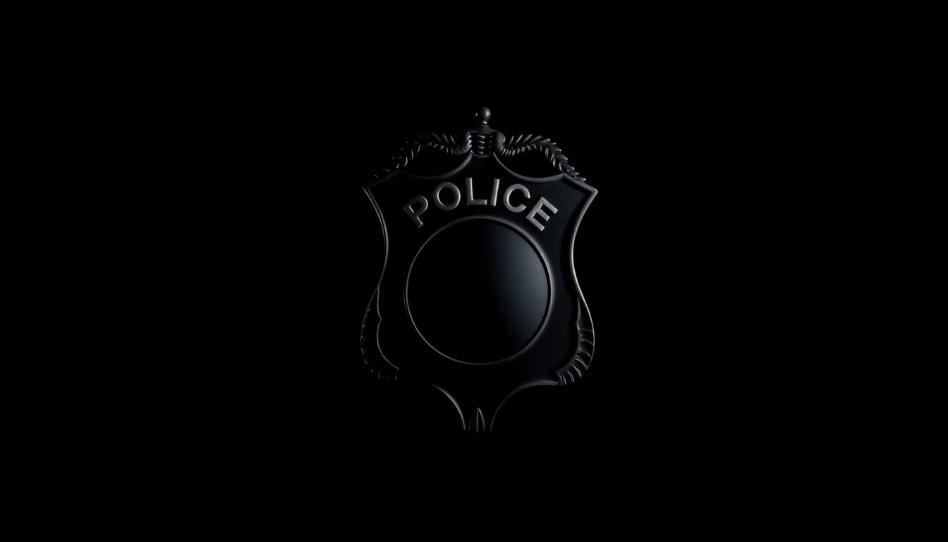 An extreme close-up photograph of a police badge against a pitch-black background, lit by a harsh, direct camera flash, conceptually representing the ongoing challenges in achieving justice and accountability in cases of police brutality.