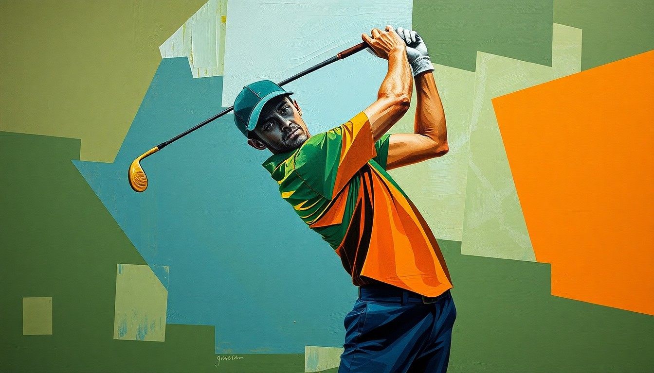 A cubist, geometric painting depicting a golfer's swing deconstructed into overlapping planes of green, orange, and blue, conceptually representing the fractured state of the LIV Golf league.