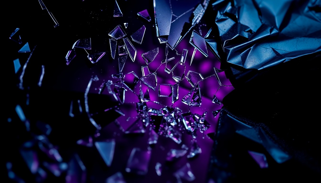 An extreme close-up of shattered, reflective glass in deep, moody hues, conceptually representing the emotional fallout from a difficult personal experience.