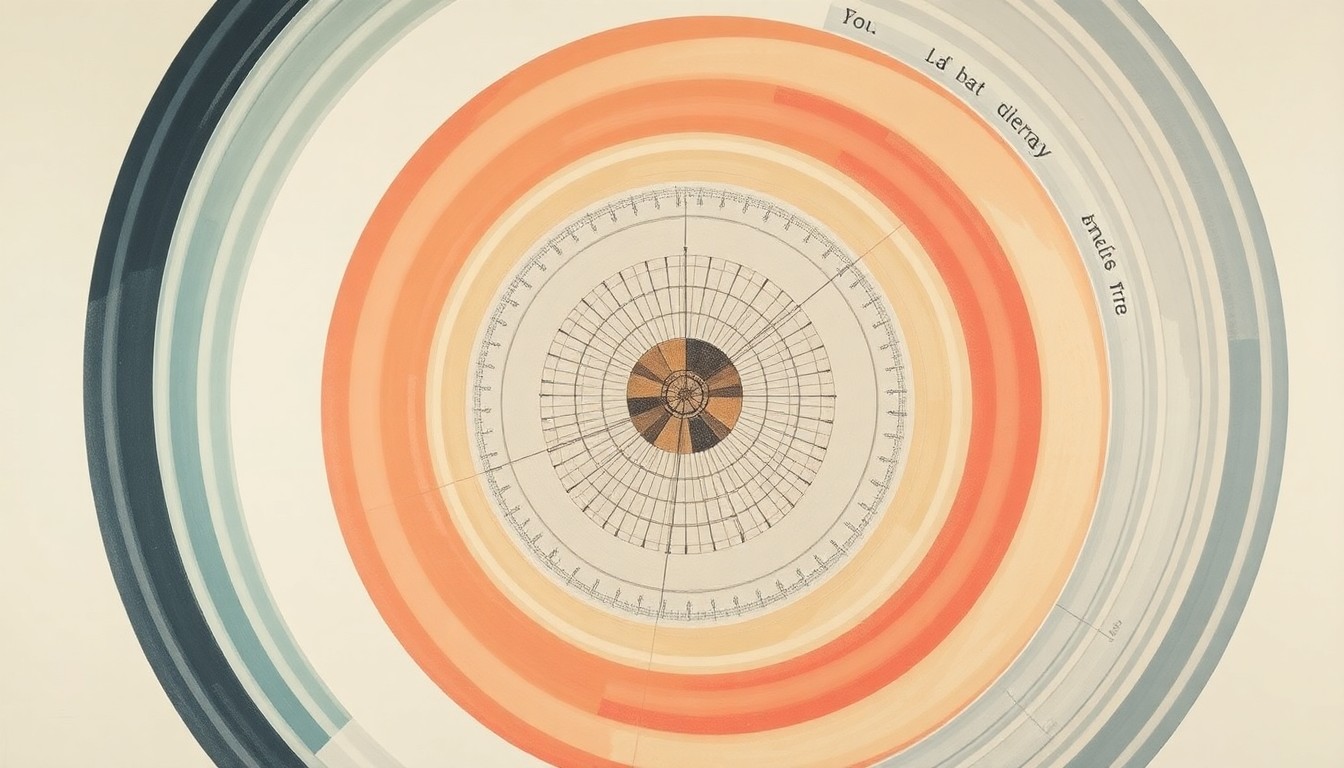 A highly structured abstract painting in soft, muted colors featuring sweeping geometric arcs, concentric circular forms, and precise botanical spirals, conceptually representing the complex and interconnected nature of the various engineered cell platforms being developed for CAR-based therapies.