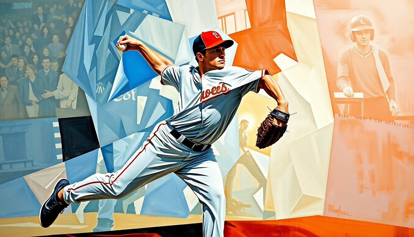 A fragmented, geometric painting depicting a baseball pitcher's throwing motion broken down into sharp, overlapping planes of color and shape, conceptually representing the Blue Jays' challenge in managing Estrada's shoulder injury.