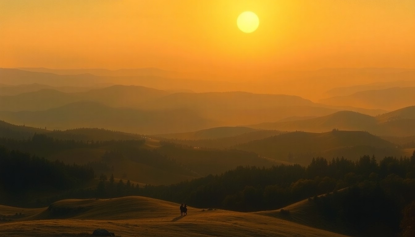 A sweeping, atmospheric landscape painting in muted tones of gold, ochre, and hazy blue, capturing the overwhelming scale and power of the natural world during a period of intense heat.