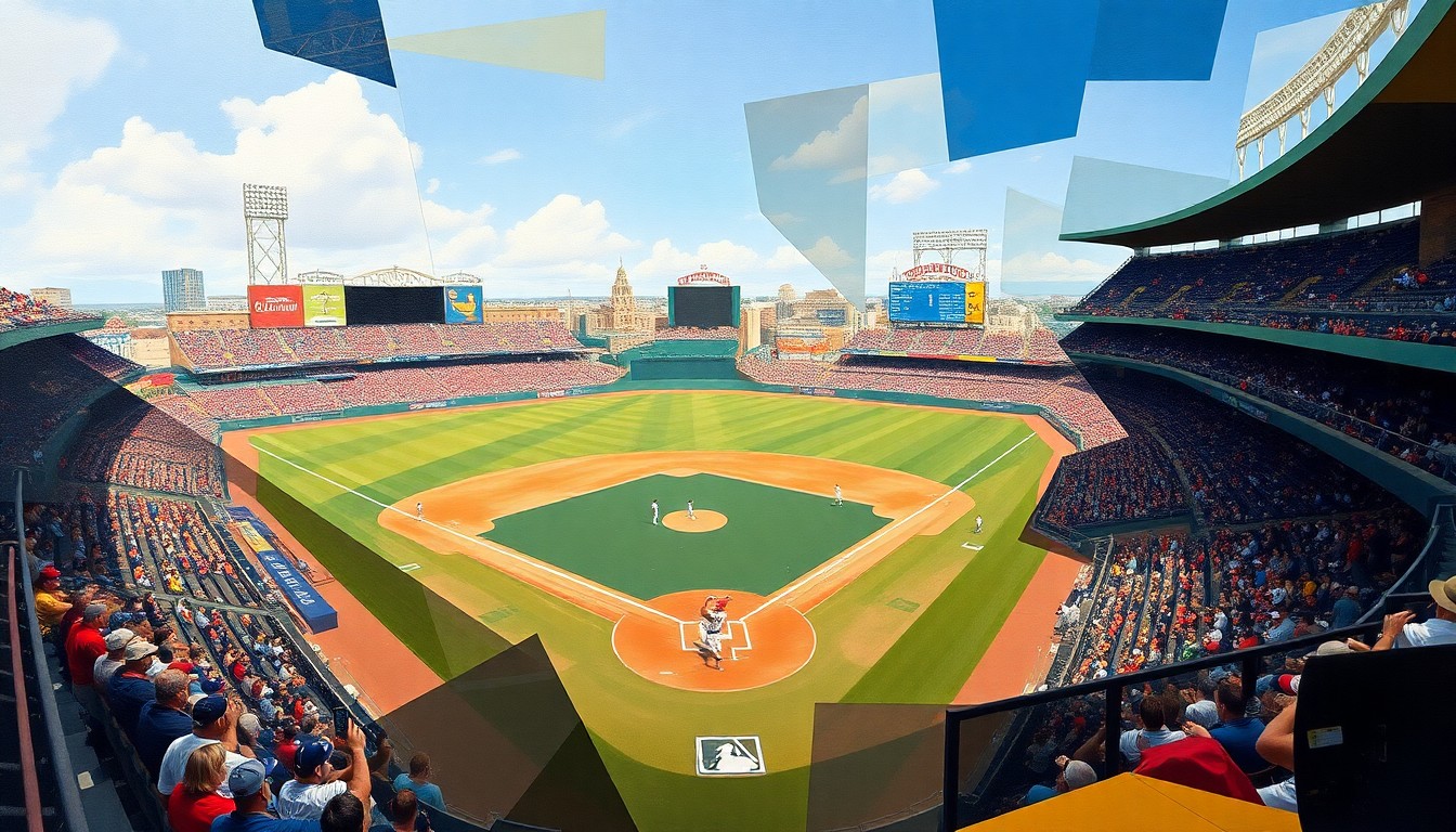 A fractured, multi-perspective painting breaking down a baseball game into sharp, overlapping geometric planes of color, with players and the field rendered as abstract shapes.
