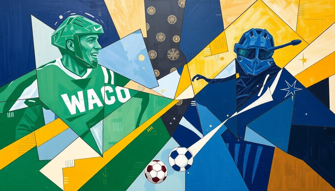 A fragmented, geometric painting depicting a high school soccer match, with sharp planes of navy blue, gold, green, and white representing the opposing teams in dynamic motion.