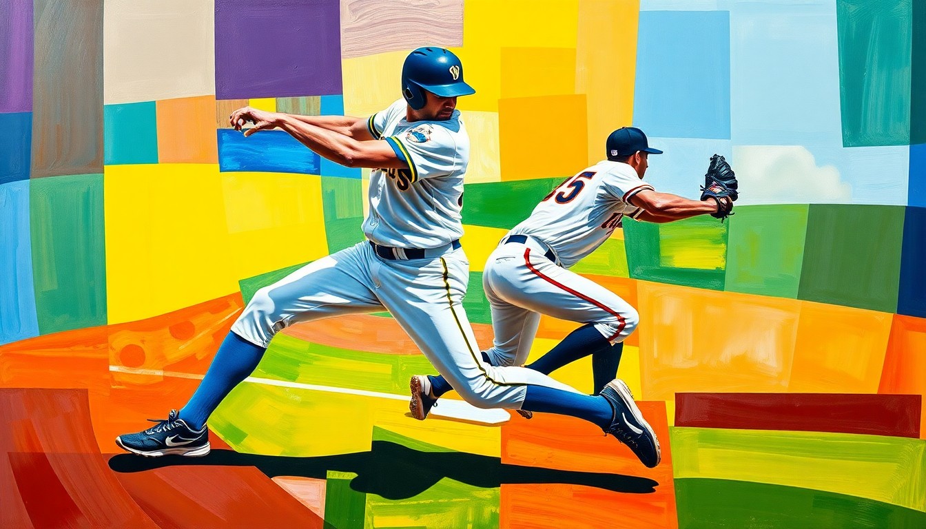 A fragmented, geometric painting depicting the movements and positioning of a baseball player on the field, using the vibrant colors of the Brewers and Marlins uniforms.