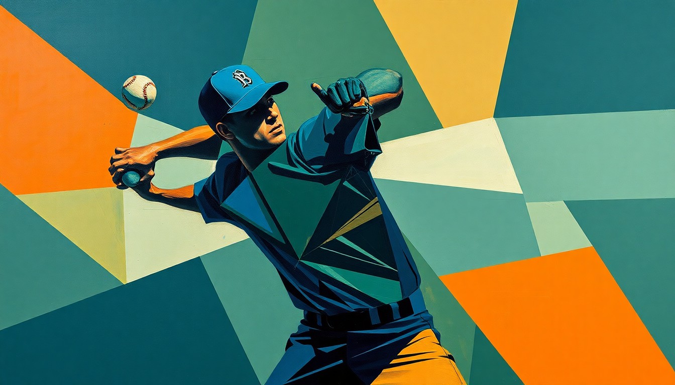 A fragmented, geometric painting depicting a baseball pitcher's throwing motion, with sharp planes of navy, green, and orange overlapping to create a dynamic, abstract representation of the sport.