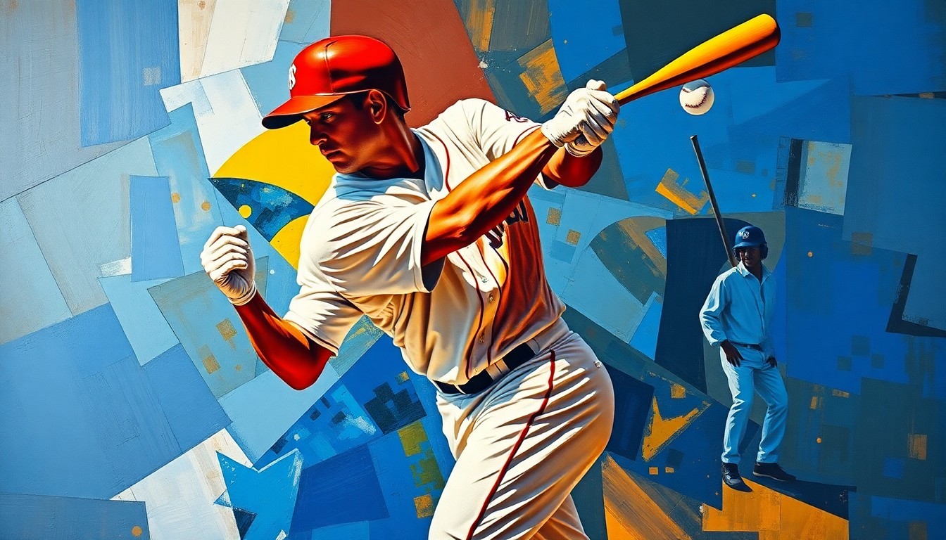 A fragmented, geometric painting depicting a baseball player in motion, with sharp, overlapping shapes and vibrant colors capturing the dynamism of the sport.