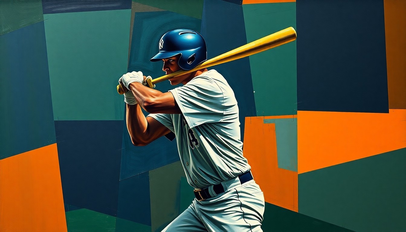 A fragmented, cubist-style painting depicting the geometric shapes and angles of a baseball player's batting stance and swing, rendered in a palette of navy, green, and orange.