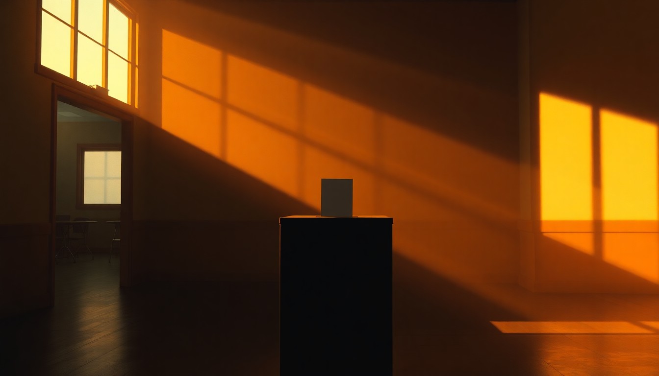 A photorealistic painting of a metal ballot box sitting on a wooden table in a dimly lit room, with warm light streaming in through a window and creating deep shadows across the scene, conveying a sense of quiet contemplation and the importance of the democratic process.