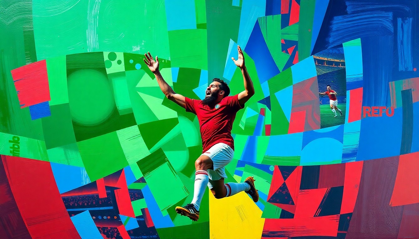 A cubist, geometric painting depicting a soccer player's celebration in a vibrant palette of green, blue, and red, conveying the energy and emotion of the story.