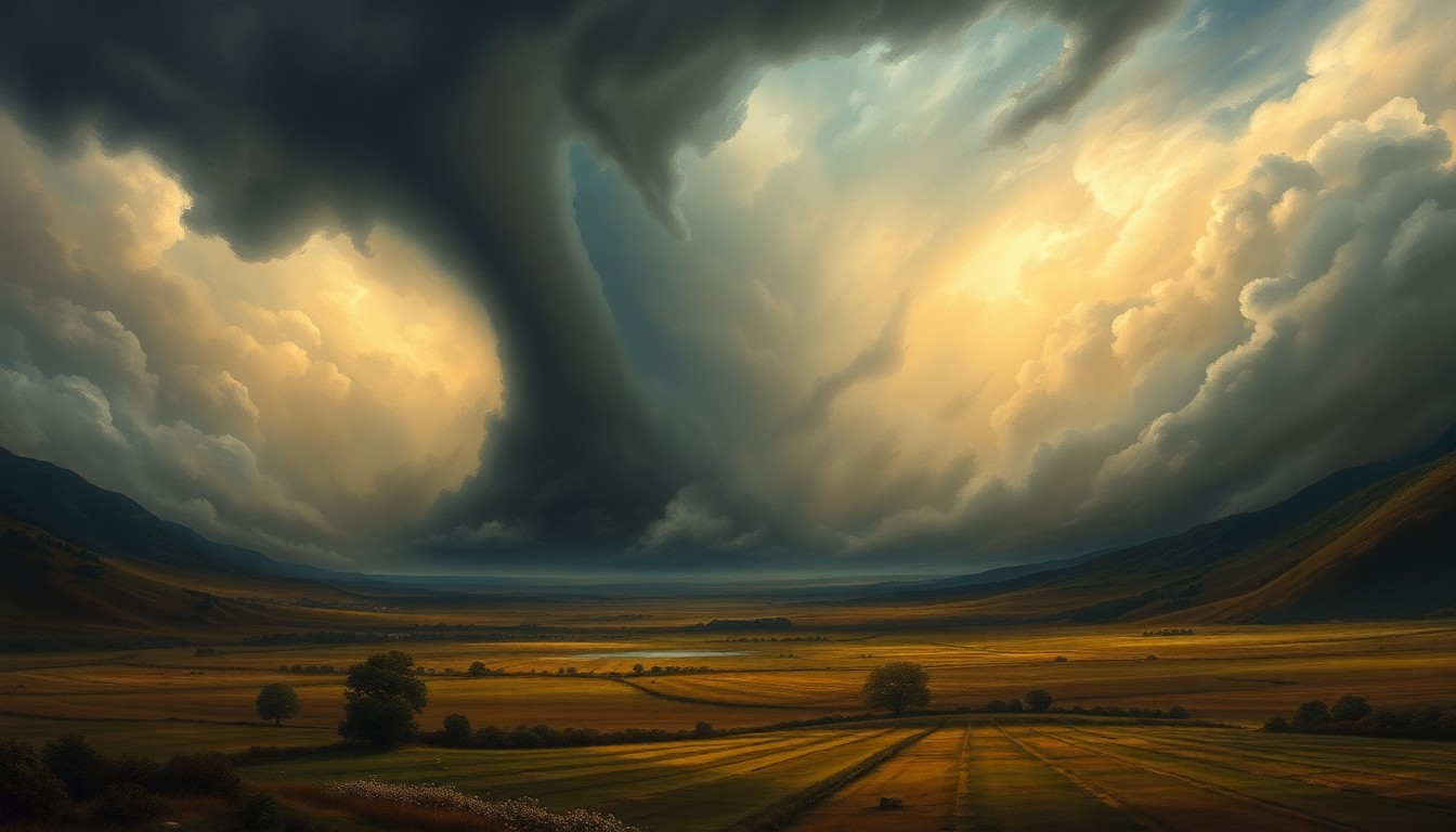 A vast, atmospheric landscape painting depicting a massive, ominous thunderstorm dominating the frame, with only the faint silhouettes of buildings or trees visible in the distance, conveying the overwhelming scale and power of the approaching severe weather.