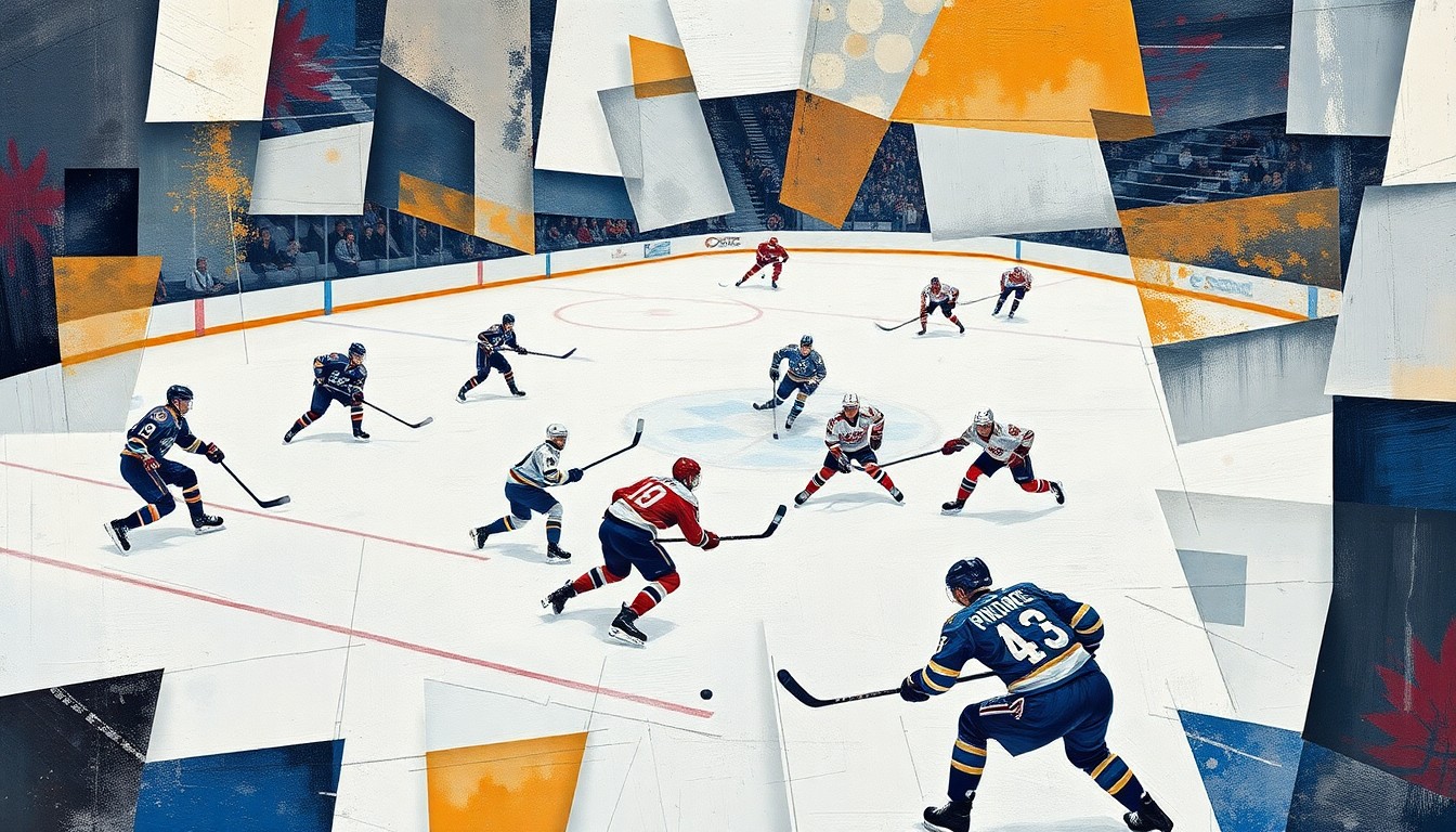 A fragmented, geometric painting depicting the chaotic movement and competing perspectives of a hockey game, with players, sticks, and the ice surface broken down into sharp, overlapping planes of color.