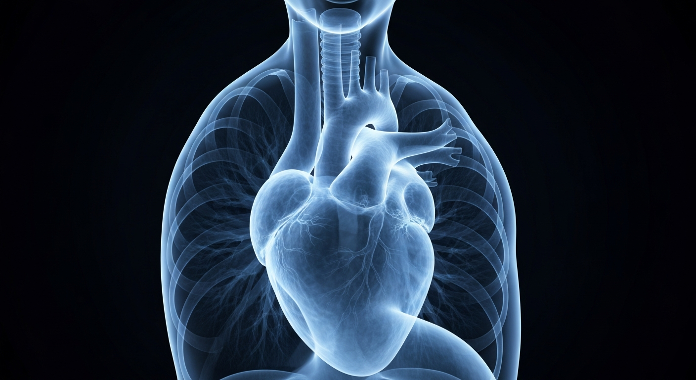 A translucent, ghostly X-ray image showing the intricate structures of the heart and lungs, glowing with a soft blue light against a dark background, conceptually representing the biological benefits of aerobic activity on the body's stress response.