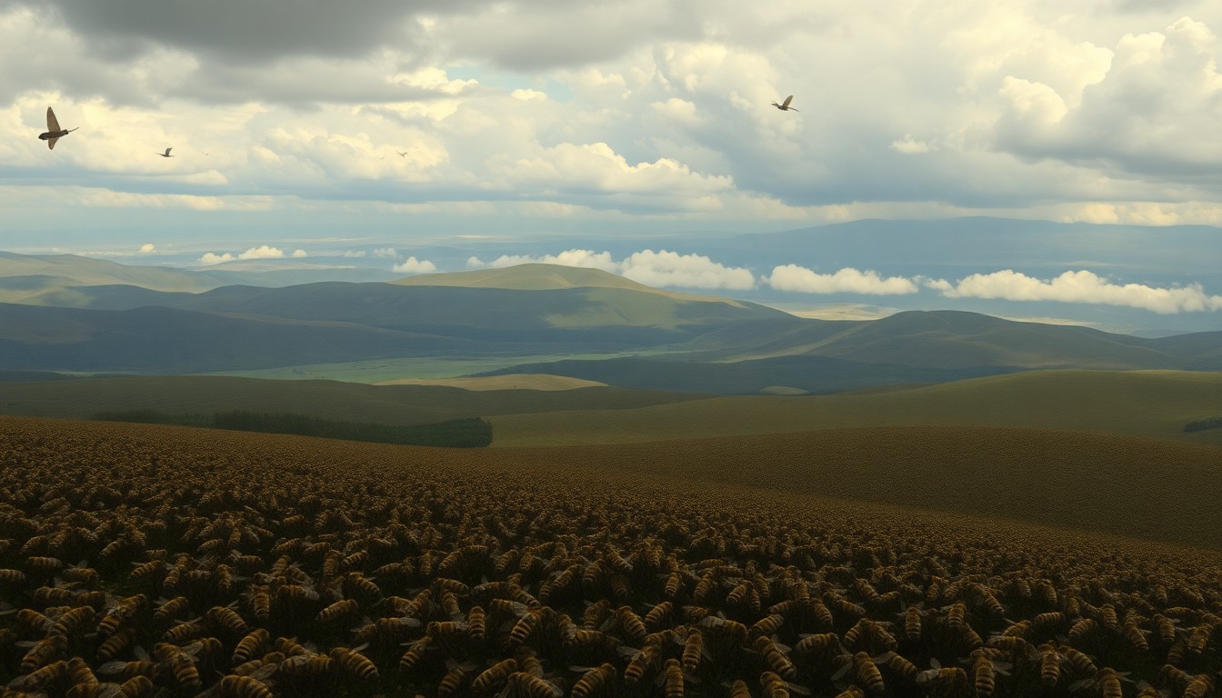 A sweeping landscape painting in muted tones, with a massive swarm of bees filling the foreground and obscuring the details of the scenery below, conveying a sense of the overwhelming scale and power of the natural world.