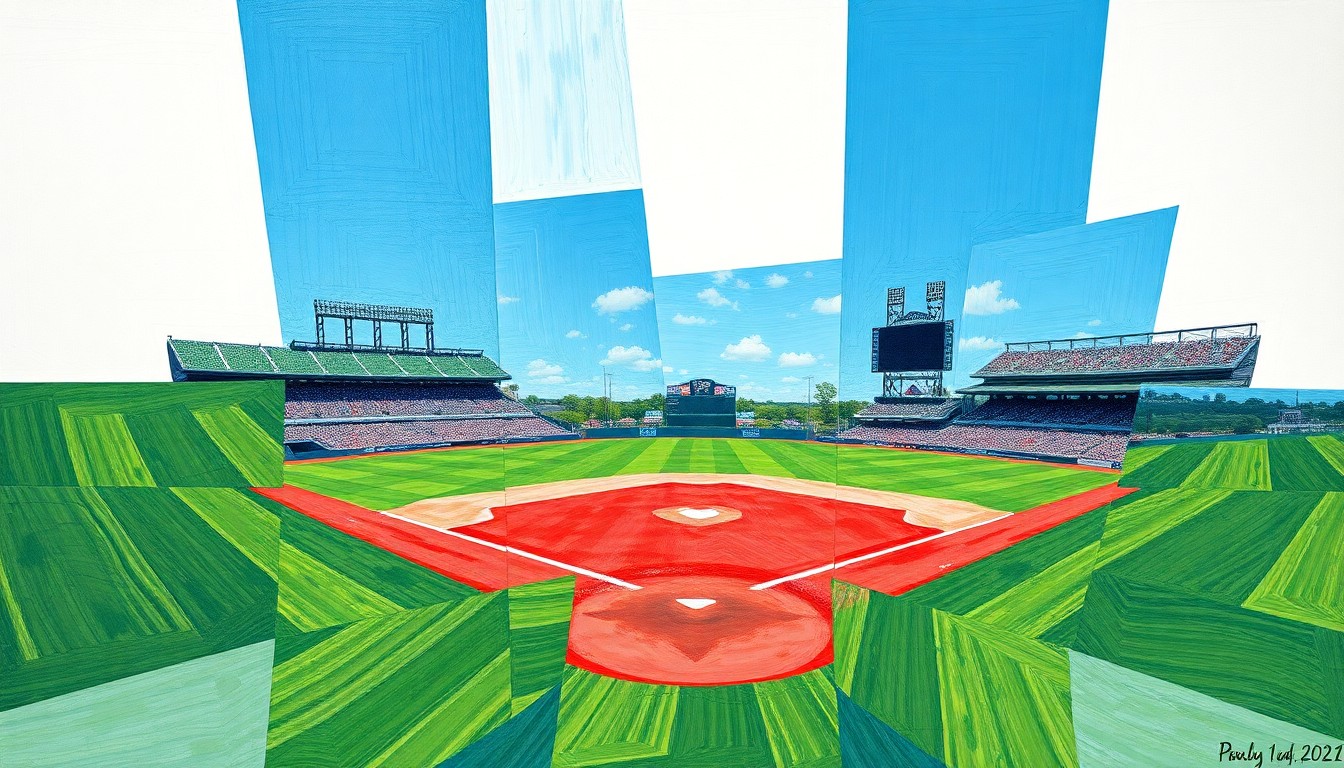 A cubist, geometric painting depicting the various elements of a baseball game - the diamond, the outfield, the players - all broken down into sharp, overlapping planes of color, conveying the energy and complexity of the students managing all game operations.