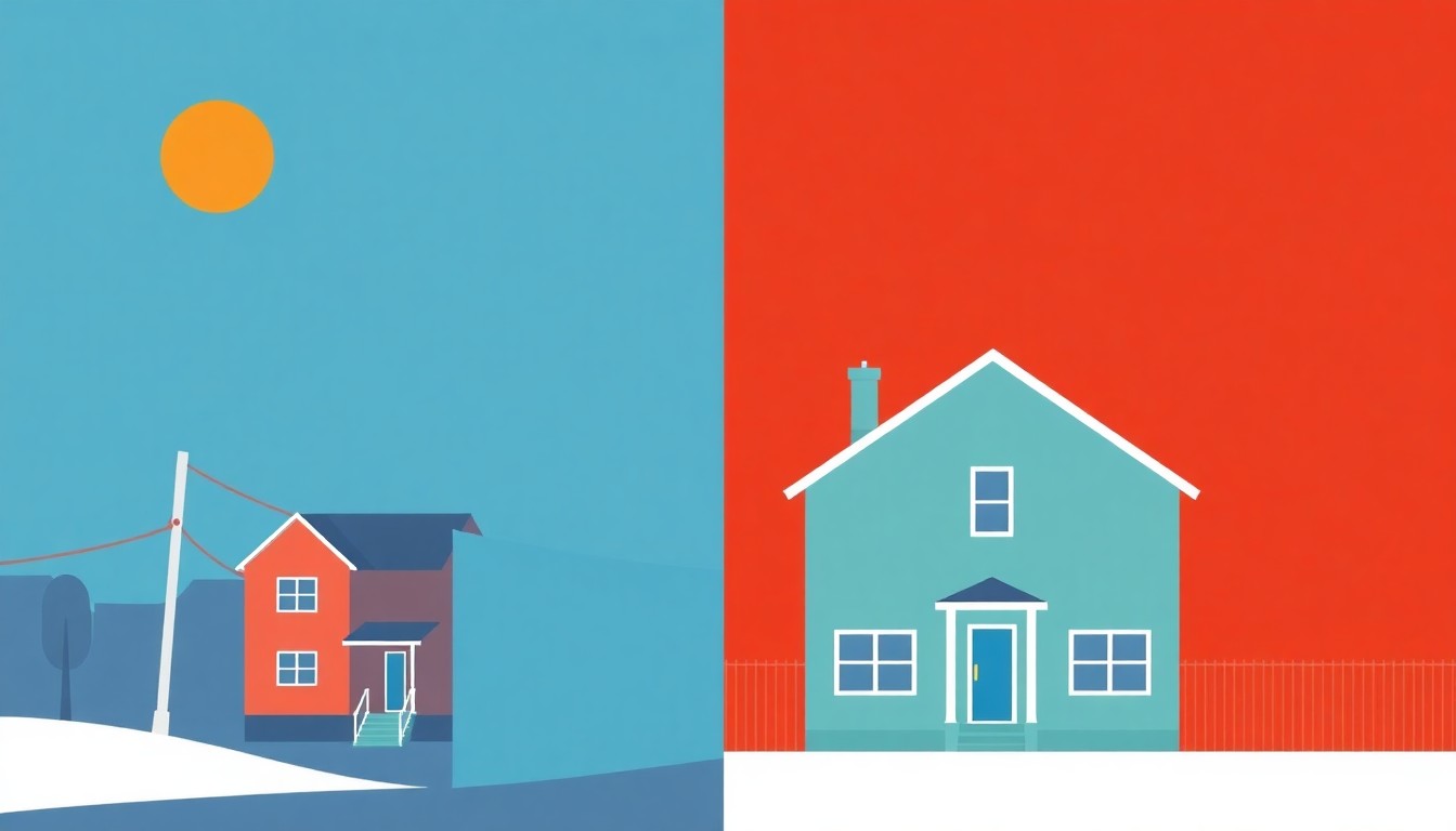 A minimalist illustration using bold geometric shapes and primary colors to represent the contrast between the surging San Francisco housing market and the more muted national trends.