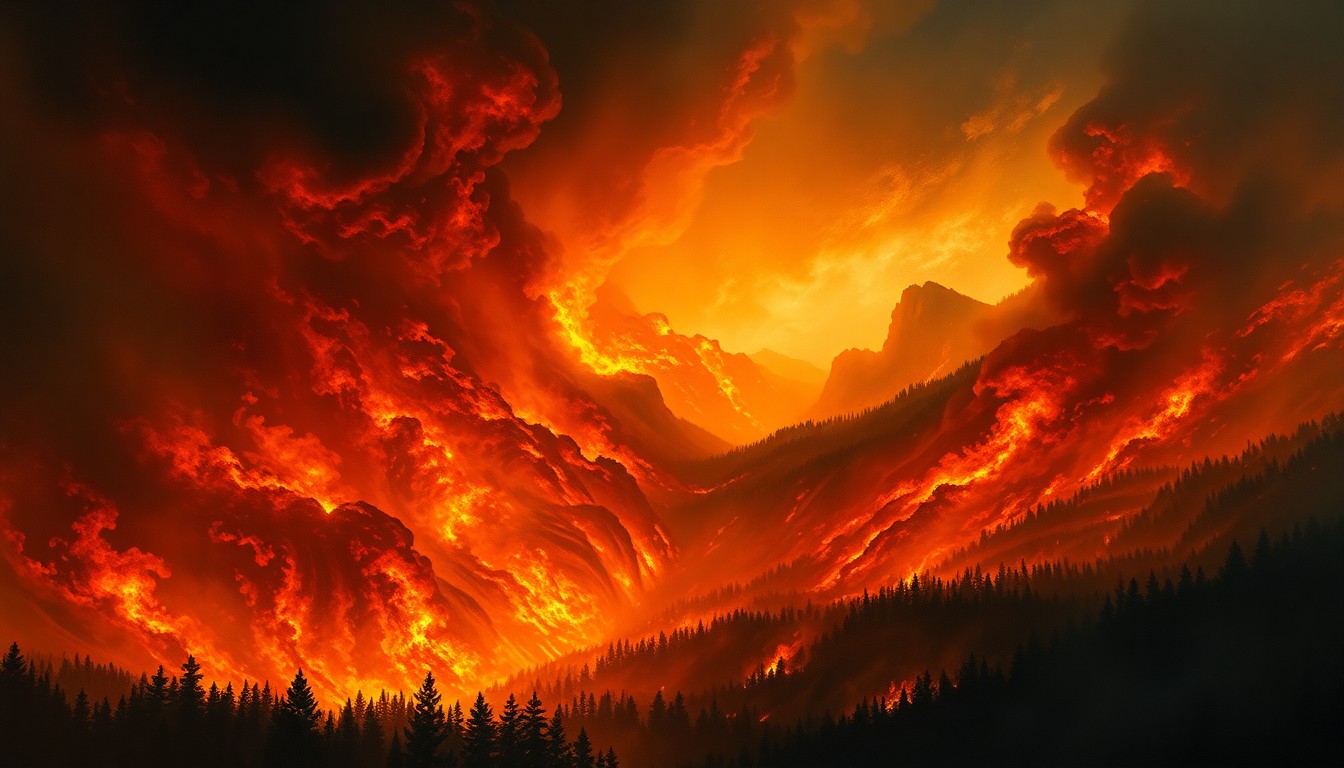 A sweeping, atmospheric landscape painting in muted tones of orange, red, and grey, depicting a massive wildfire consuming a dense forest, with the flames and smoke dominating the scene and dwarfing any physical structures or human presence.
