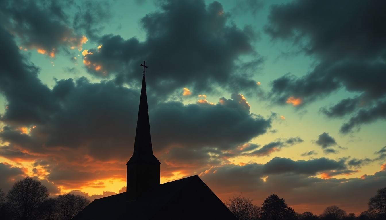 A moody, atmospheric painting of a lone church steeple against a cloudy sky, capturing the somber, contemplative mood of the conflict between political and religious leaders.