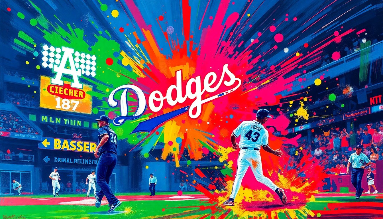 An abstract expressionist painting in neon colors, with rapid brushstrokes and splatters capturing the energy and excitement of a baseball game, the iconic Dodgers logo and players' silhouettes dissolving into unrecognizable shapes.