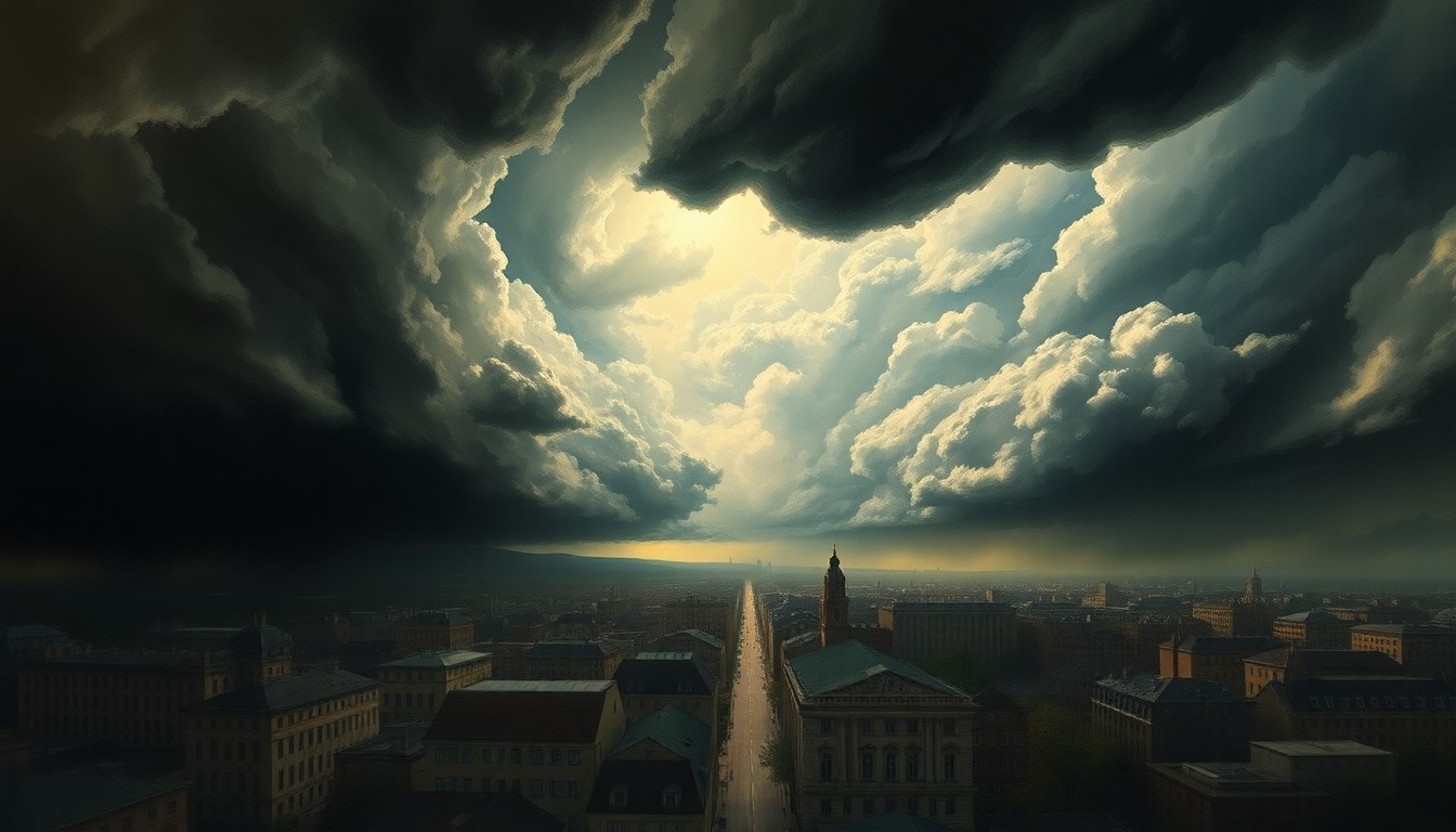 A vast, atmospheric landscape painting depicting an impending severe storm over a city, with dark, dramatic clouds filling the sky and dwarfing the buildings and streets below.