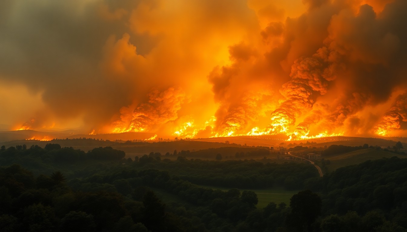 A sweeping, atmospheric landscape painting depicting a massive brush fire consuming a lush, verdant park, with the flames and smoke dwarfing any physical structures or human figures, conveying the overwhelming power of the natural disaster.