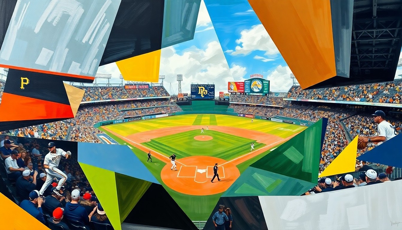 A cubist-style painting featuring overlapping geometric shapes and planes of color, capturing the dynamic action of a baseball game between the Pittsburgh Pirates and Tampa Bay Rays in an abstract, deconstructed manner.