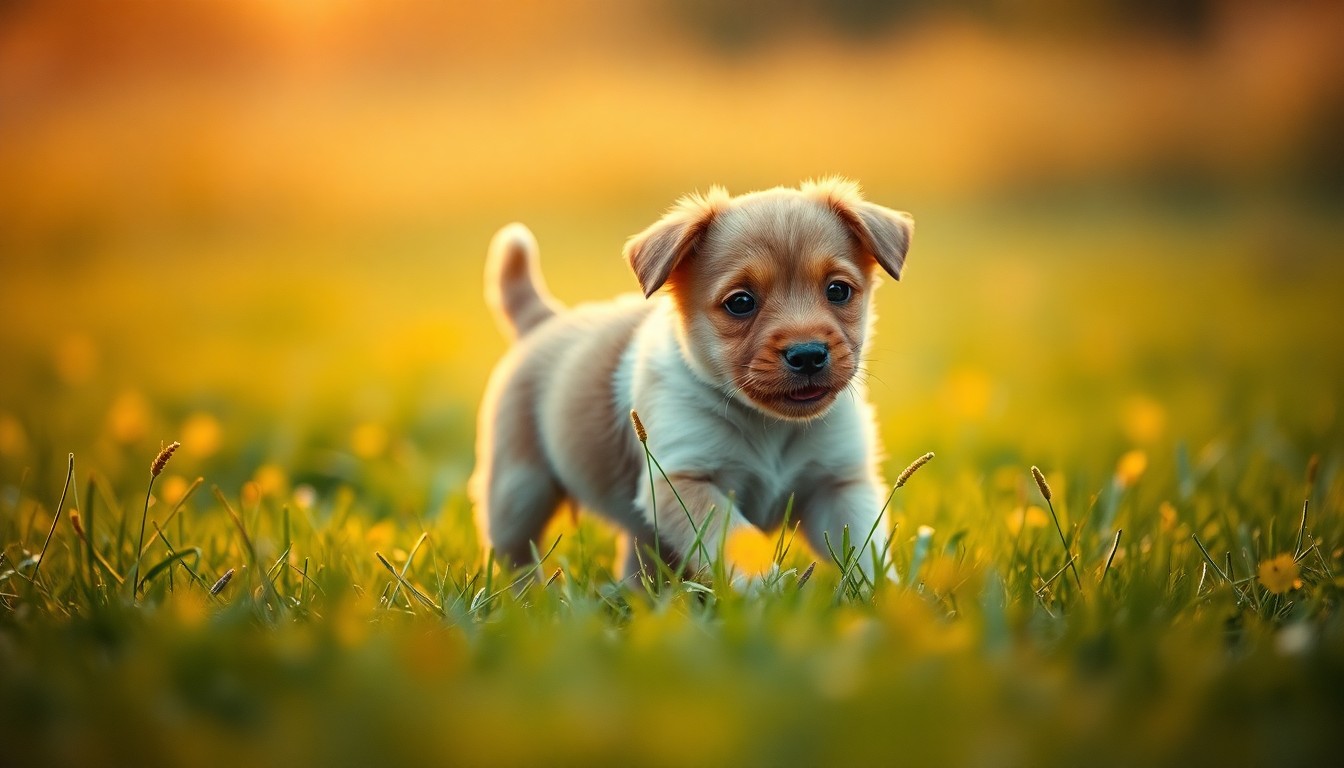 An extremely abstracted, out-of-focus photograph of a puppy playing in a grassy field, with soft pools of warm light and color creating a dreamlike, atmospheric scene that captures the resilience and playfulness of the animal.