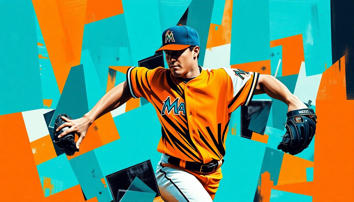 A fragmented, geometric painting depicting a baseball pitcher's motion, with sharp planes of teal, orange, and black creating a dynamic, abstract representation of the sport.