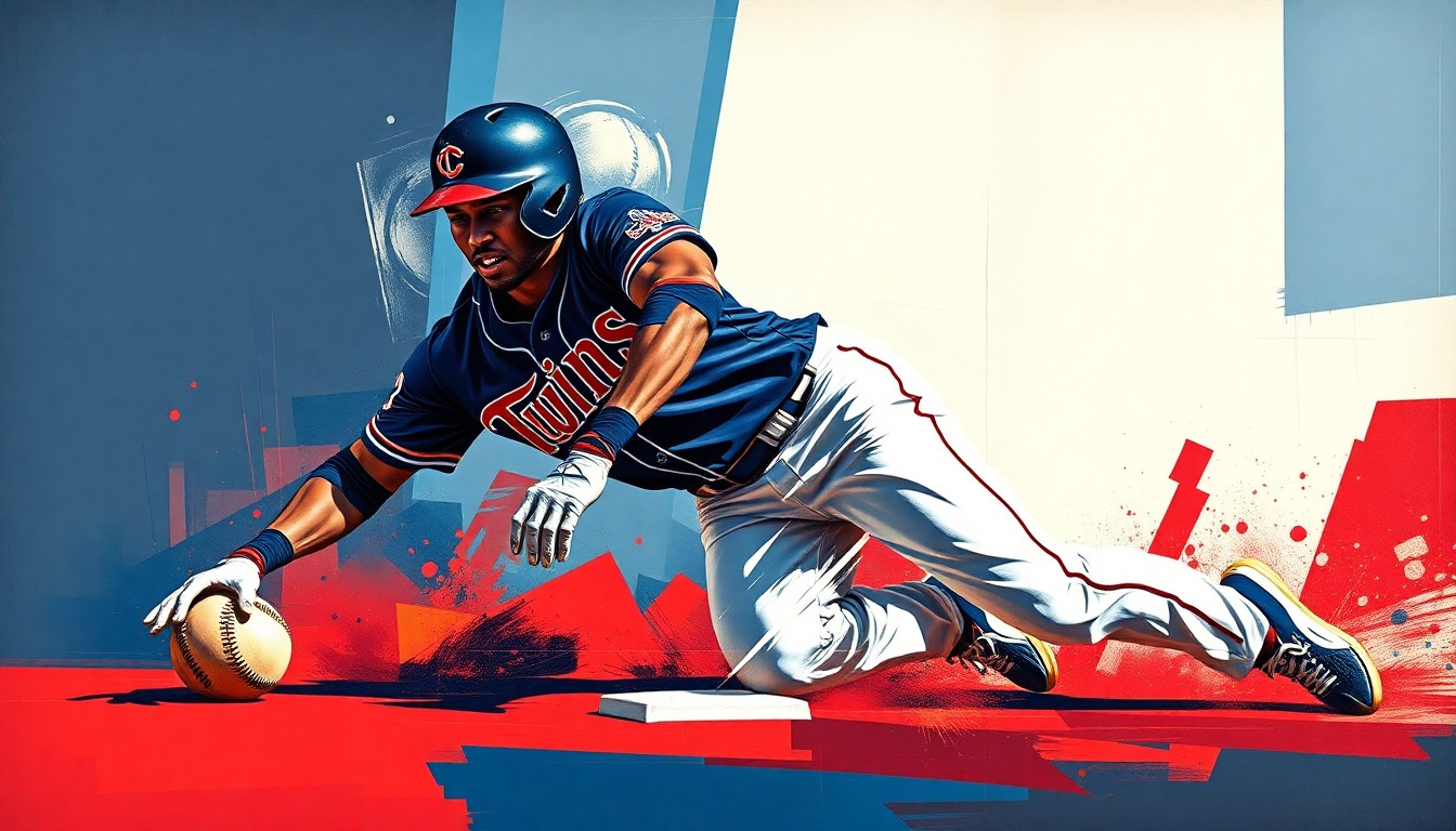 A fragmented, geometric painting in shades of navy, red, and white, depicting the dynamic motion of a baseball player sliding into a base or home plate.