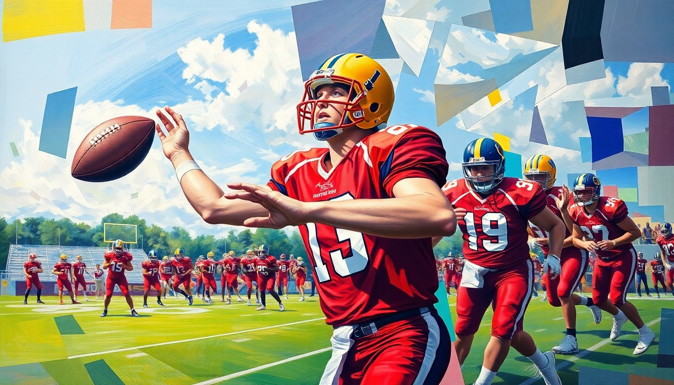 A cubist, geometric painting depicting a high school quarterback in the act of throwing a pass, with the player's body and the football broken down into sharp, overlapping planes of color.