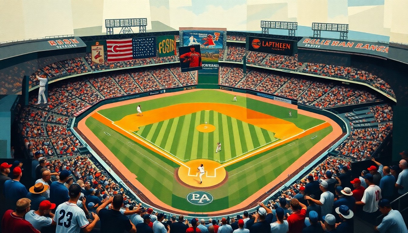 A fragmented, geometric painting depicting the dynamic motion and energy of a baseball game, with the players, field, and stadium broken down into sharp, overlapping planes of color.