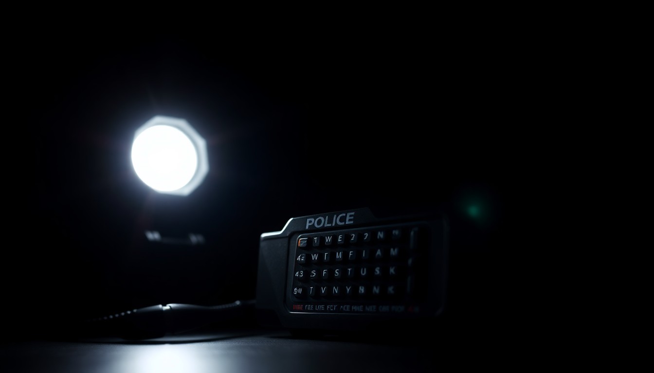 An extreme close-up photograph of a police radio or other law enforcement equipment, lit by a harsh, direct camera flash against a pitch-black background, creating a stark, gritty, investigative aesthetic.