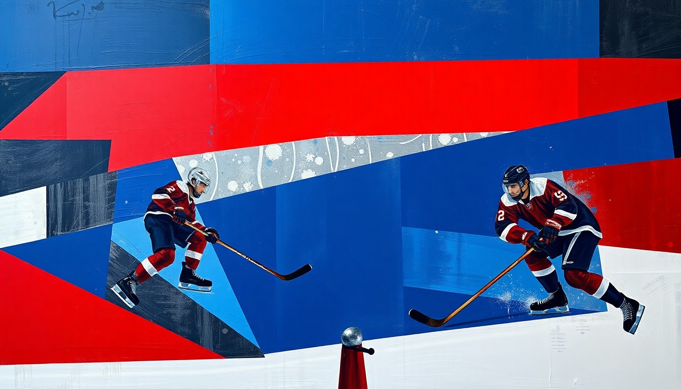 A fragmented, geometric painting depicting the dynamic movements and competitive energy of a professional hockey game, with players and the puck represented as abstract angular shapes in a palette of navy, crimson, and metallic silver.