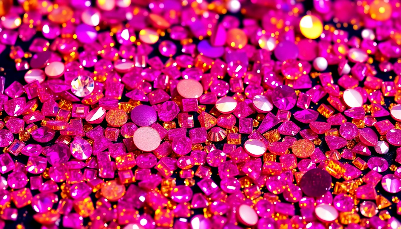 An extreme close-up photograph of shimmering rhinestones, sequins, and shattered glass in a kaleidoscope of vibrant fuchsia, violet, and gold hues, creating a conceptual representation of the high-fashion, high-energy world of 'RuPaul's Drag Race'.