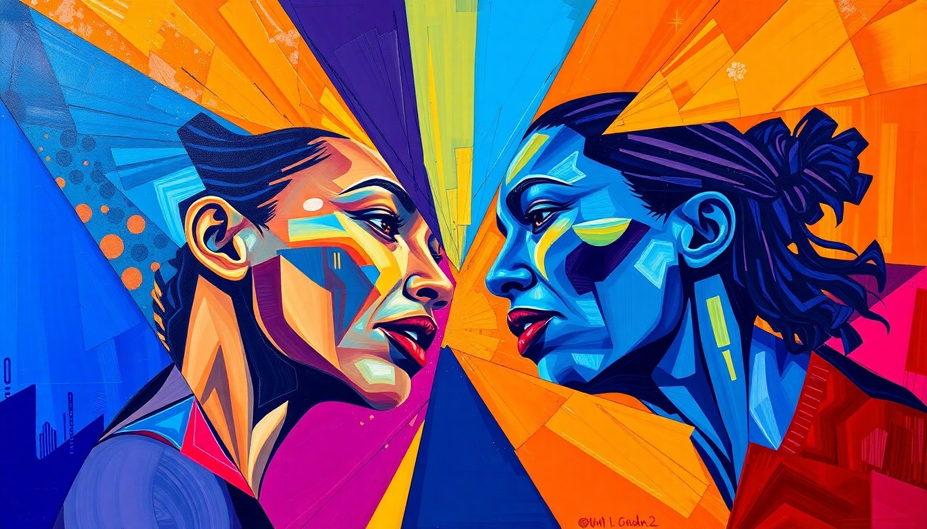 A fragmented, cubist-style painting depicting the action and energy of a basketball game between two players, with sharp geometric shapes and bold, vibrant colors representing the competitive spirit of the matchup.